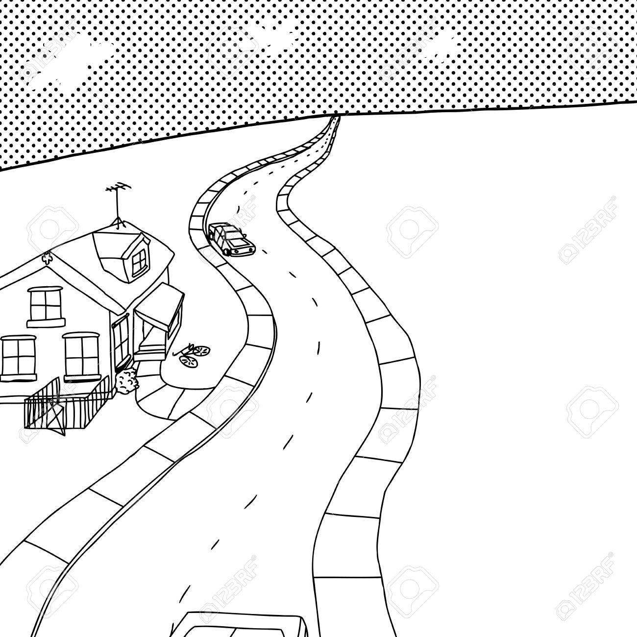 1300x1300 Outline Cartoon Of Street With Little House And Cars Royalty Free