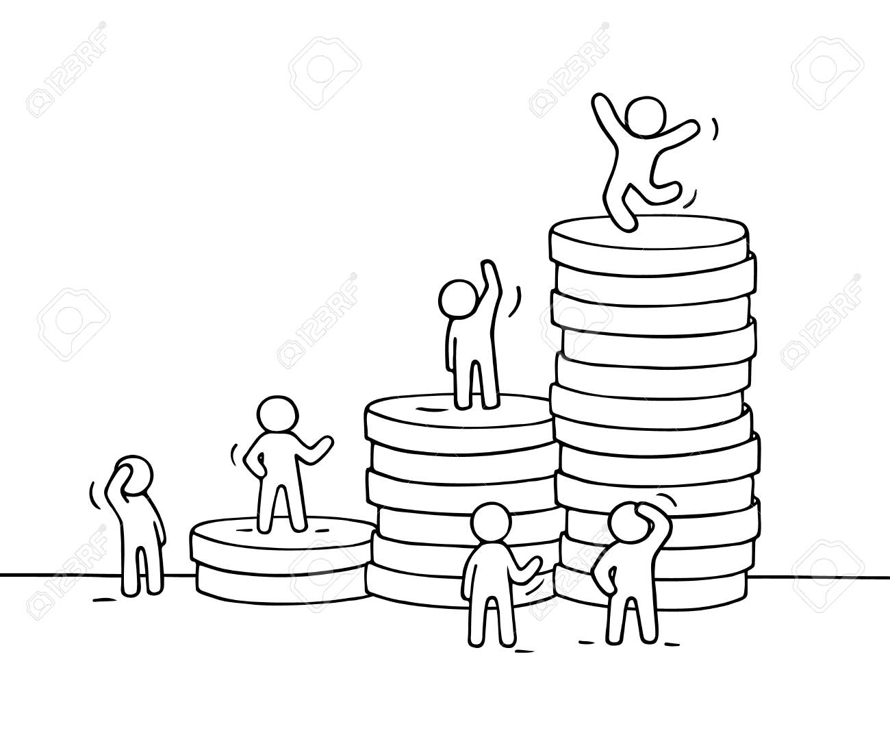 1300x1073 Sketch Of Working Little People With Stack Of Coins. Doodle Cute