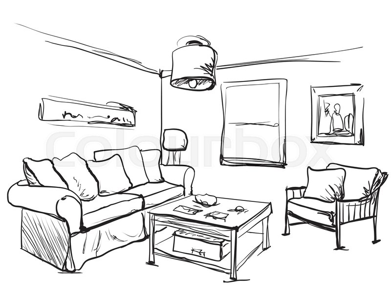 800x609 Living Room Interior Sketch. Table, Sofa And Other Furniture