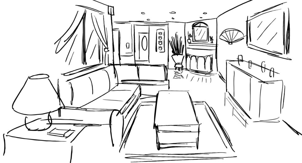 972x525 Modern Living Room Drawing In 2d And 3d. Ideas. Niudeco Interior