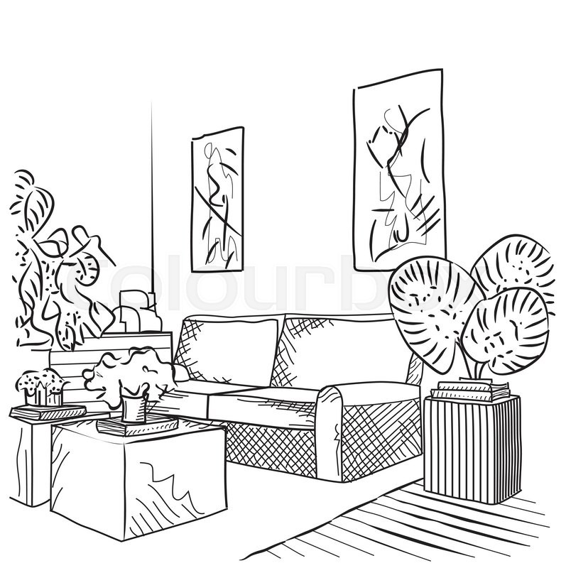 797x800 Interior Outline Sketch. Architectural Design. Living Room Stock