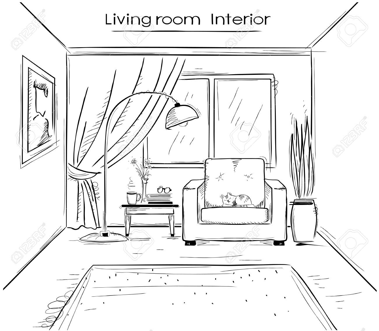 1300x1137 Drawing Of Living Room