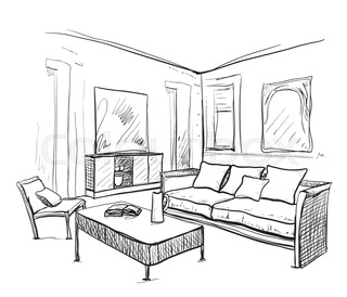 320x274 Living Room Interior Sketch. Table, Sofa And Other Furniture