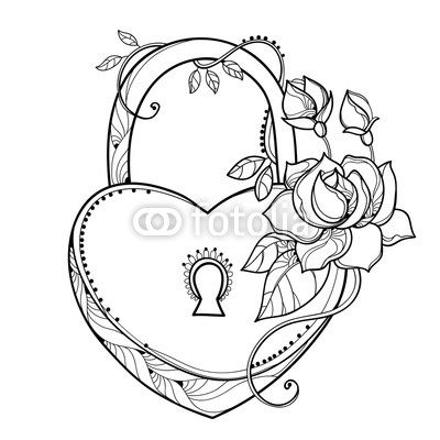 400x400 Vector Drawing Of Lock Heart With Outline Ornate Roses, Leaf