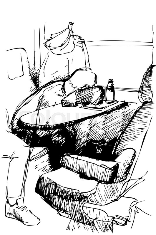 530x800 Black And White Vector Sketch Of A Young Man Sleeping On A Table