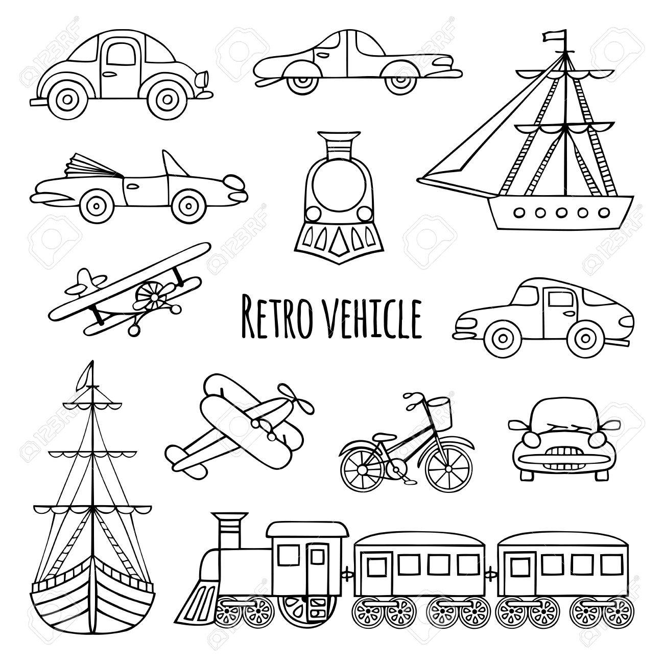1300x1300 Set Of Retro Transport. Black And White Drawings By Hand. Cars