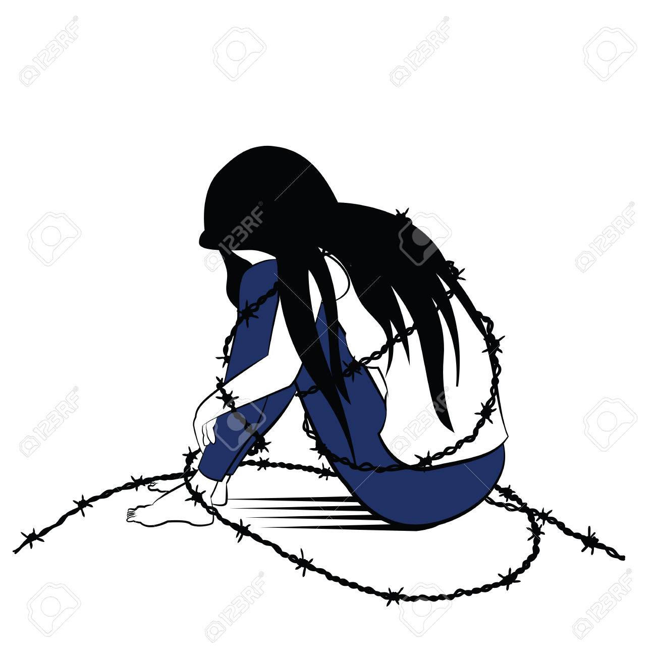 1300x1300 Vector Illustration Drawing In Ink Sketching Style, Lonely Woman