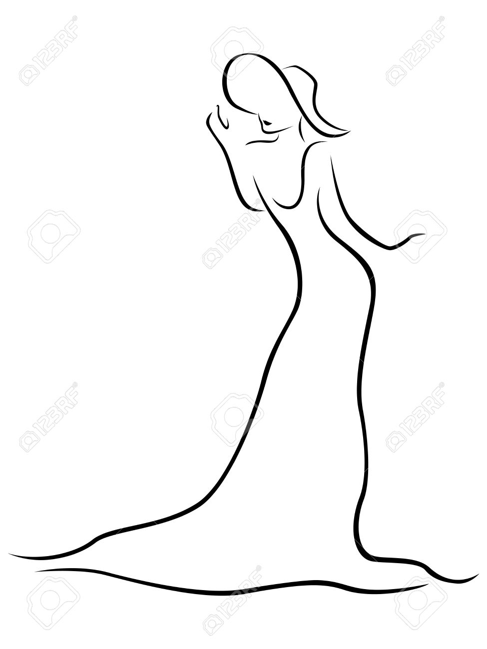 975x1300 Female Black Contour With A Hat And A Long Dress, Hand Drawing