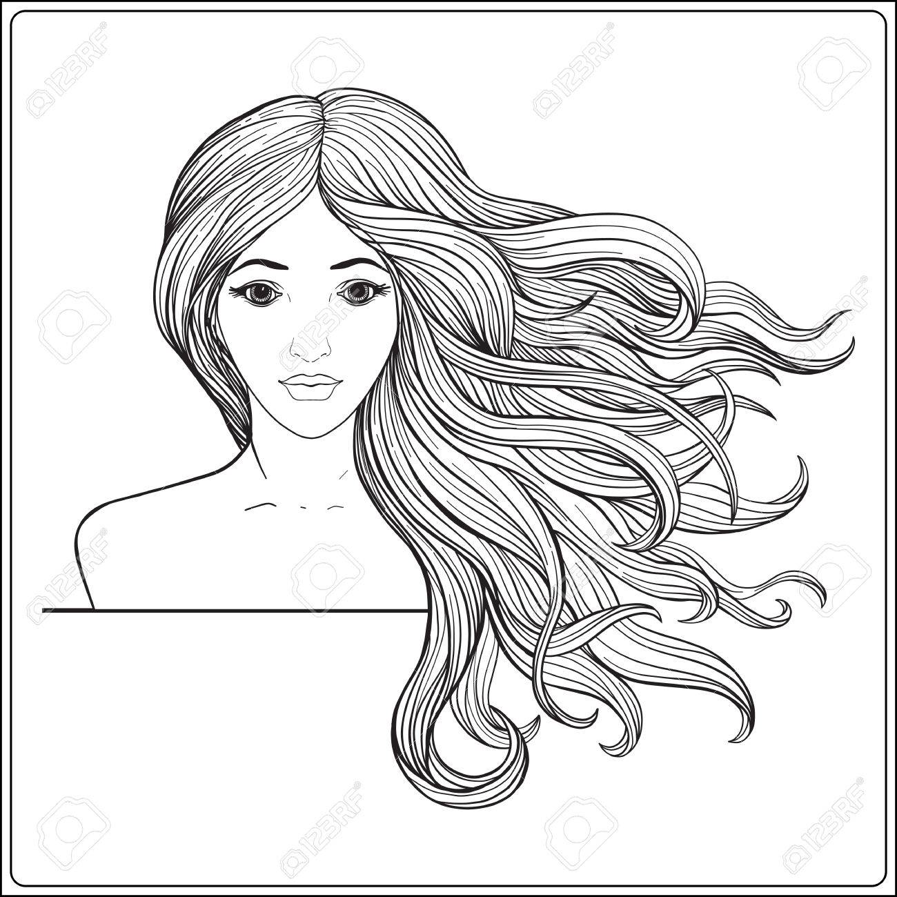 1300x1300 Young Beautiful Girl With Long Hair. Stock Line Vector