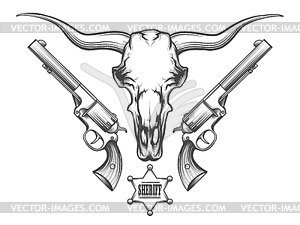300x225 Skull With Revolvers Drawn In Engraving Style