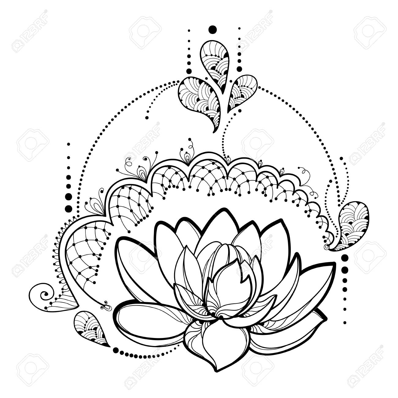 1300x1300 Drawing With Outline Lotus Flower, Decorative Lace And Swirls