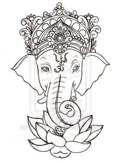 400x540 Cool Black Outline Ganesha With Lotus Flower Tattoo Stencil