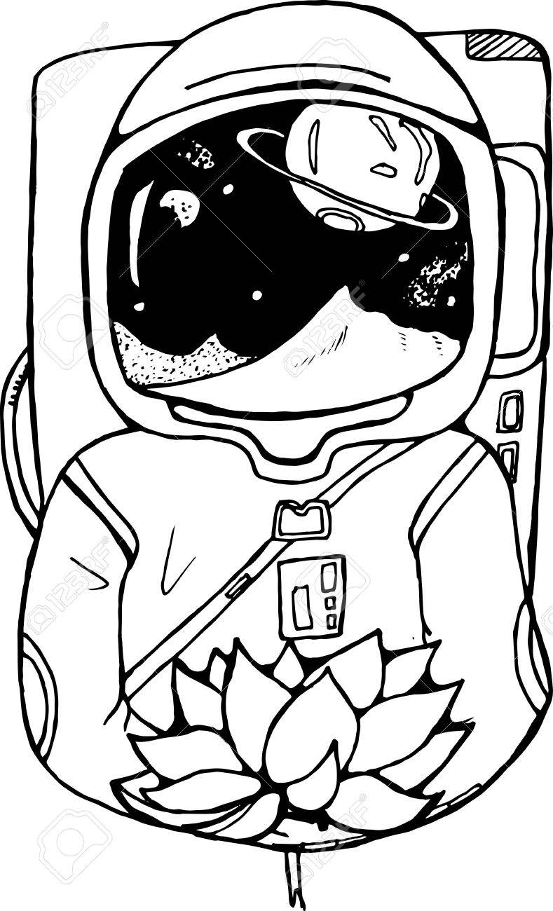 789x1300 Black And White Drawing Of An Astronaut With A Lotus In His Hands