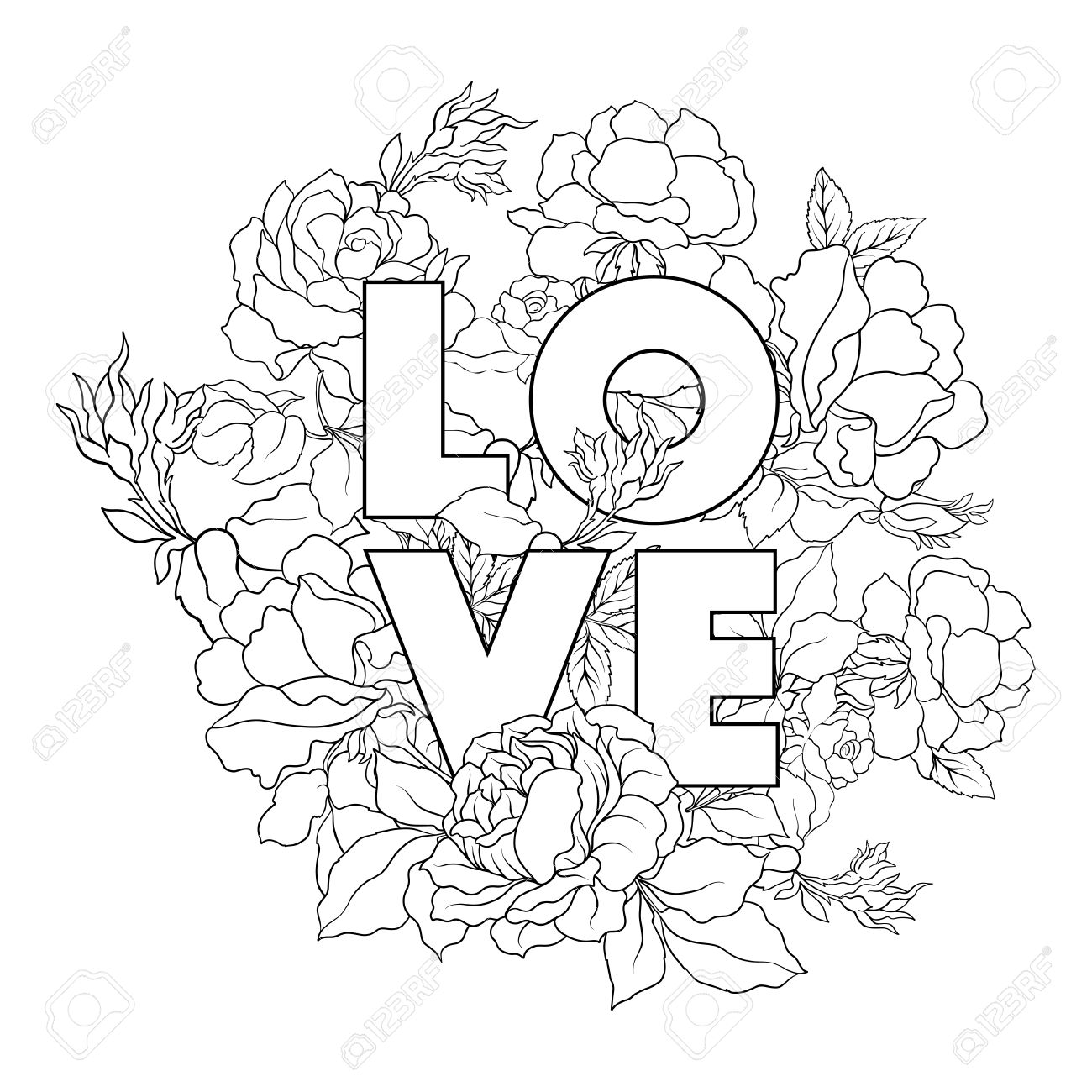 1300x1300 Rose Flower Background With Word Love. Outline Drawing Coloring