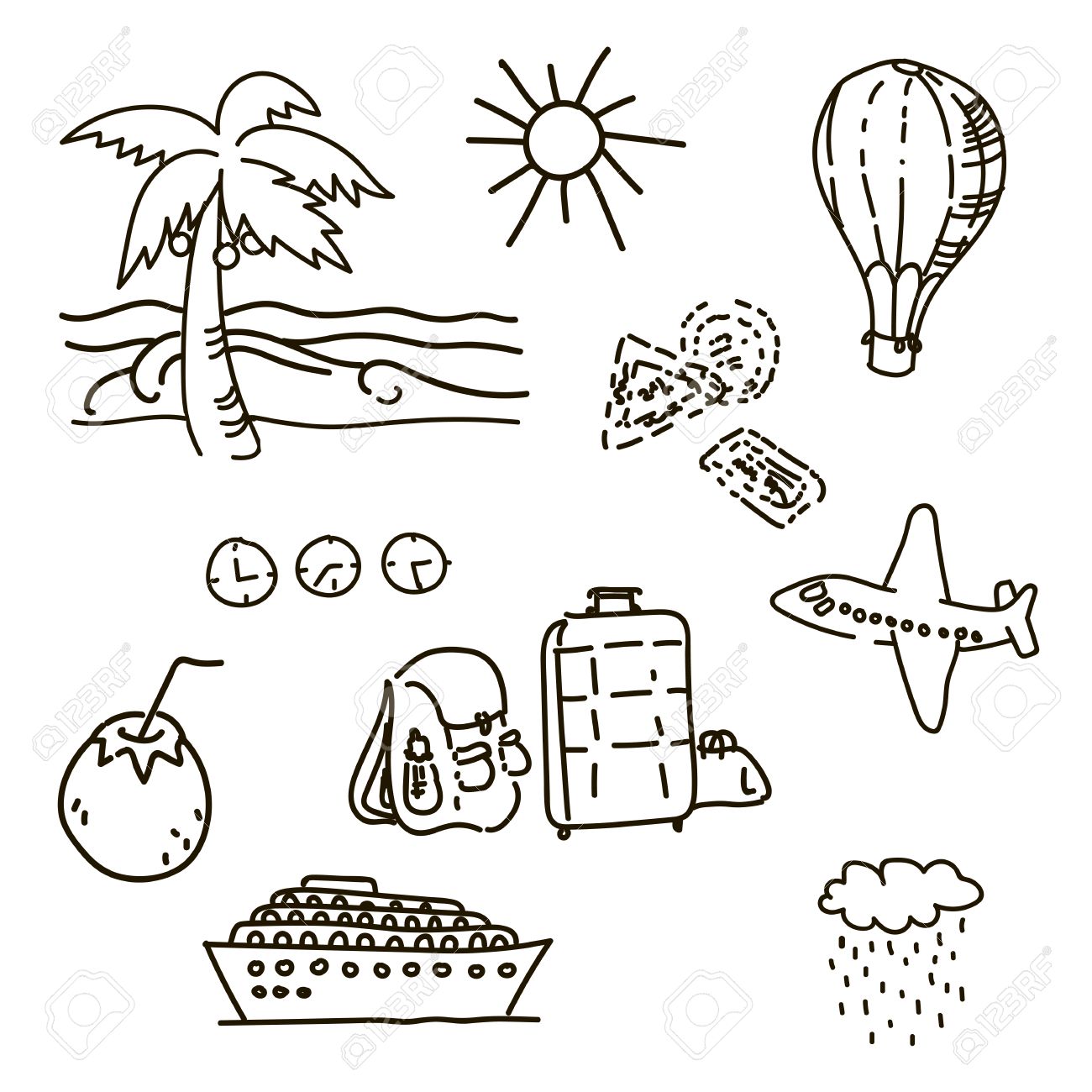 1300x1300 Outline Drawings By Hand In Travel Sketch Vector Palm Trees Sun