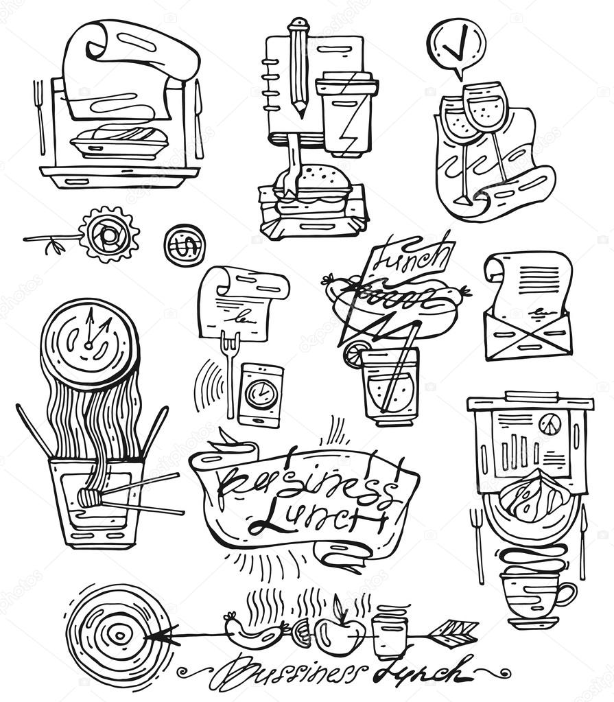 895x1023 Hand Draw Vector Icons Set Of Business Lunch In Sketch Line Style