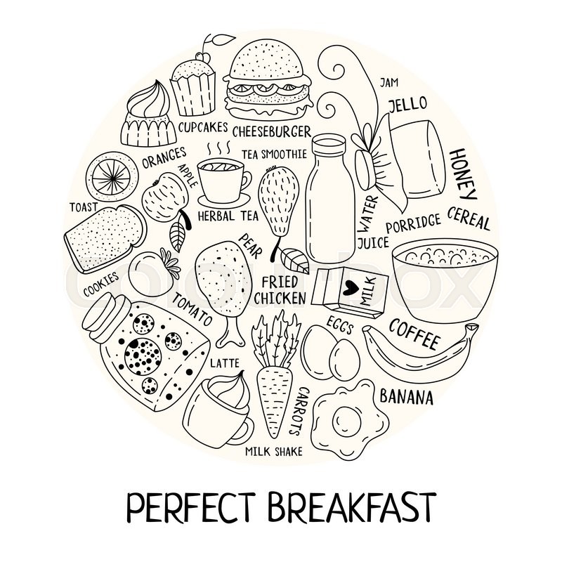 800x800 Hand Drawn Breakfast Food And Icons Doodle Set. School Lunch Menu