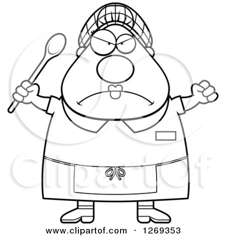 450x470 Clipart Of A Black And White Cartoon Chubby Mad Lunch Lady Holding