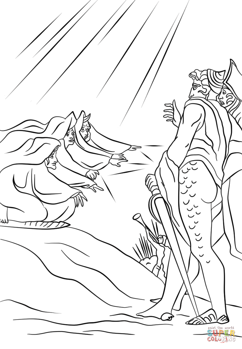 824x1186 Macbeth And Banquo Meet The Three Witches On A Heath Coloring Page