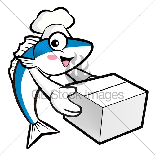 500x500 Mackerel Fish Character Is Holding A Delivery Box. Gl Stock Images