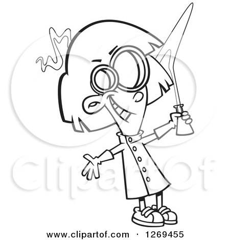 450x470 Clipart Of A Black And White Cartoon Mad Scientist Girl Holding Up
