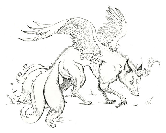 570x456 Sale Fantasy Art Magical Fox Kitsune Origianl Ink Drawing