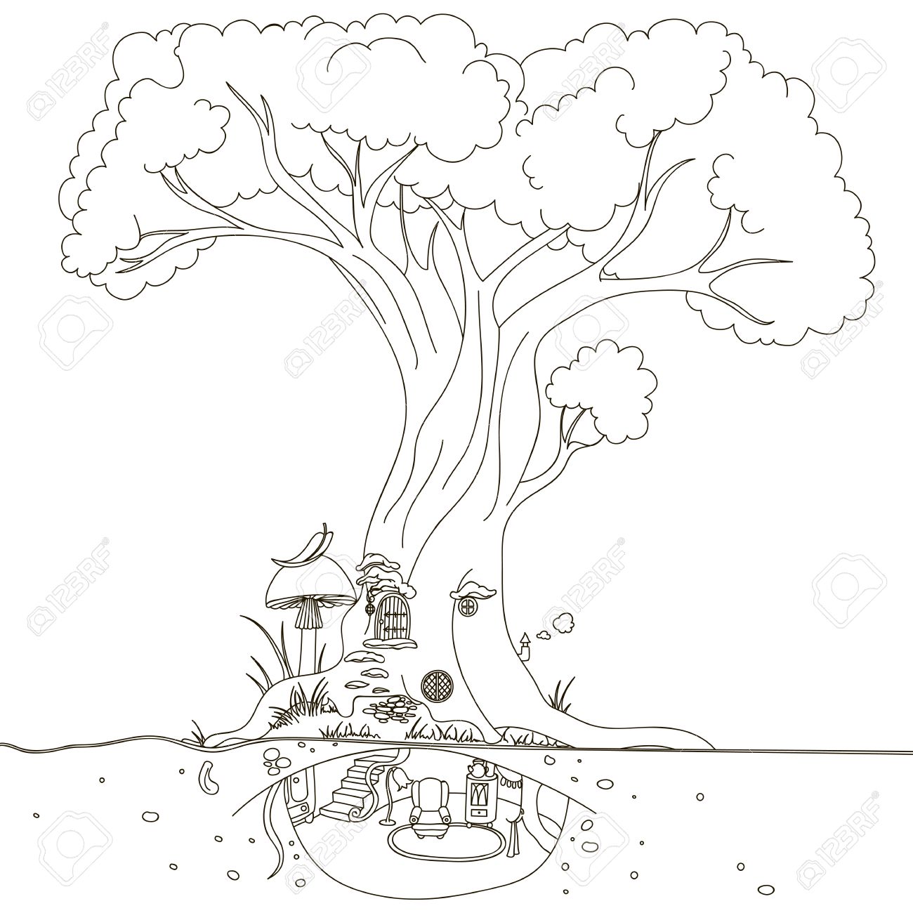 1300x1300 Magic Tree House. Hand Drawing Isolated Objects On White