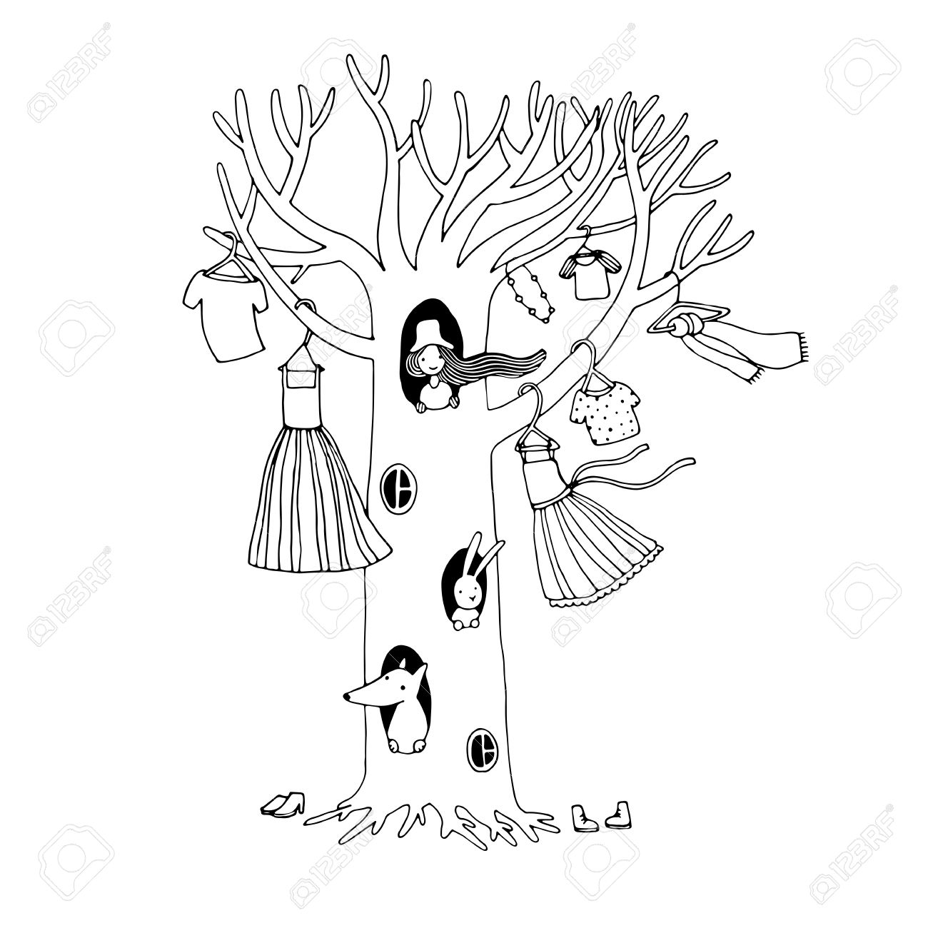1300x1300 Magic Tree With Clothes. The Fox, Hare And The Girl. Hand Drawing