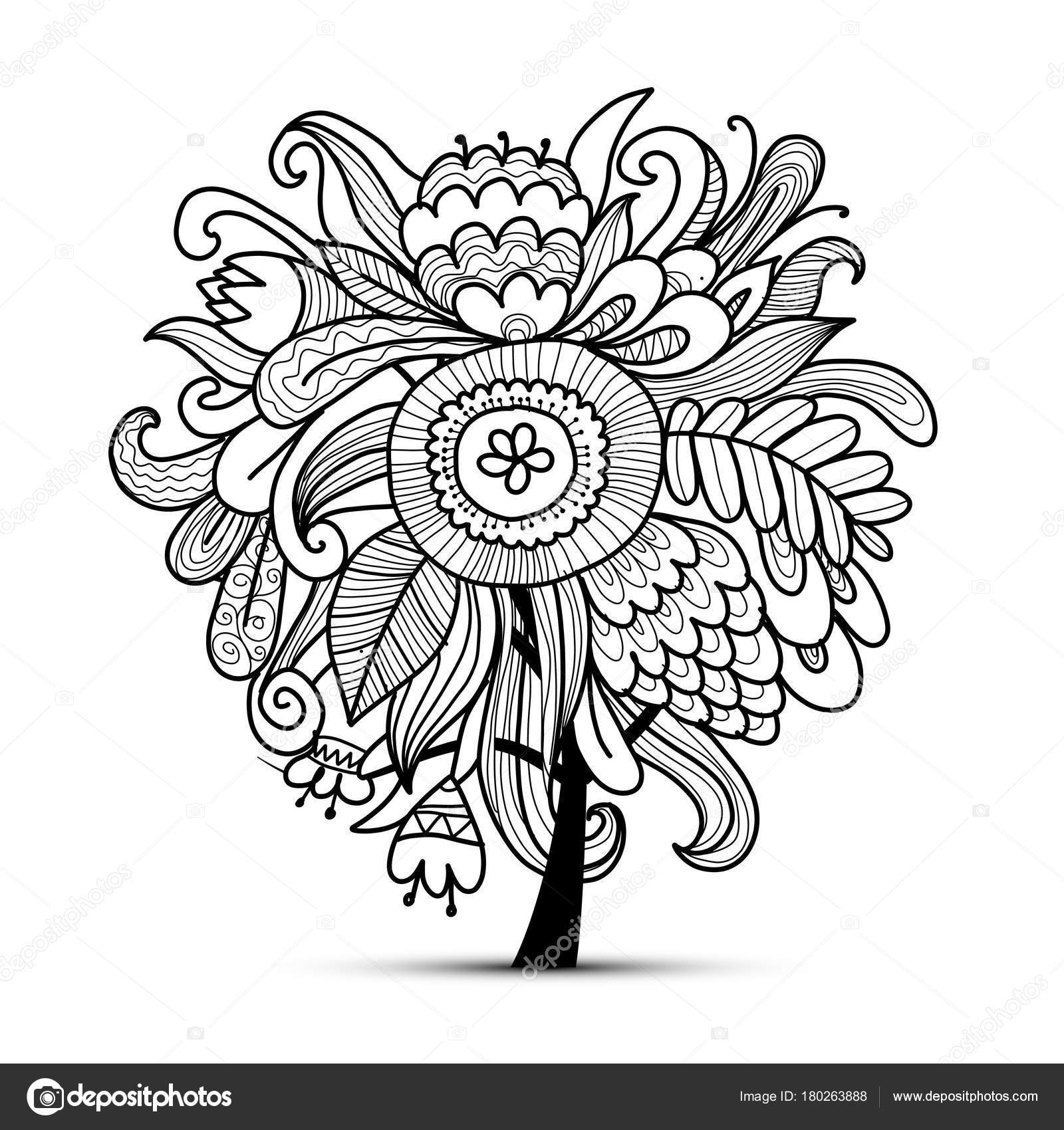 1600x1700 Floral Magic Tree, Sketch For Your Design Stock Vector