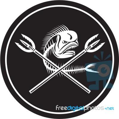 400x400 Skull Mahi Mahi Dolphin Fish Crossed Spears Circle Retro Stock