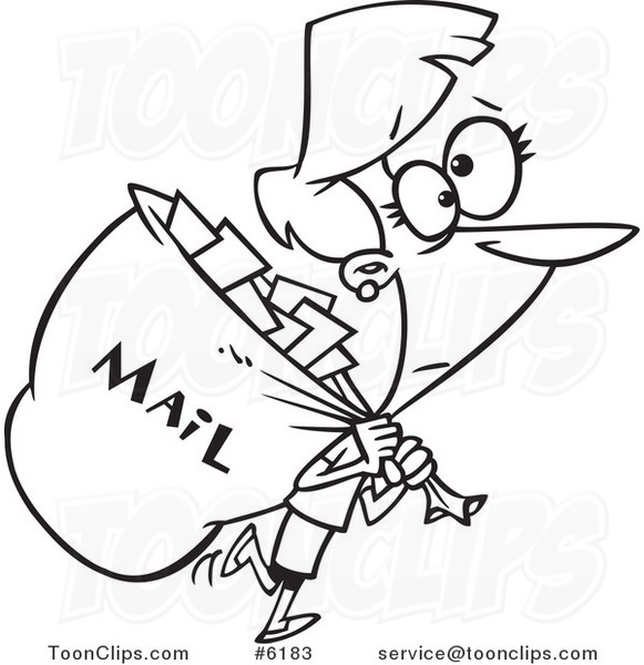 581x600 Cartoon Black And White Line Drawing Of A Mail Lady Carrying A Big