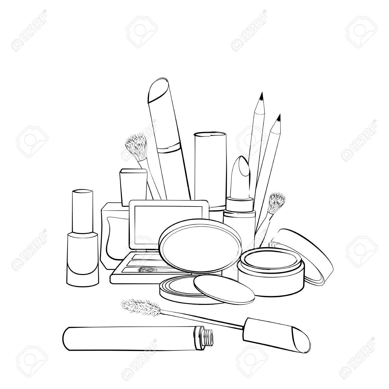 1300x1300 Hand Drawn Cosmetics Collection. Sketch Of Elements For Make Up