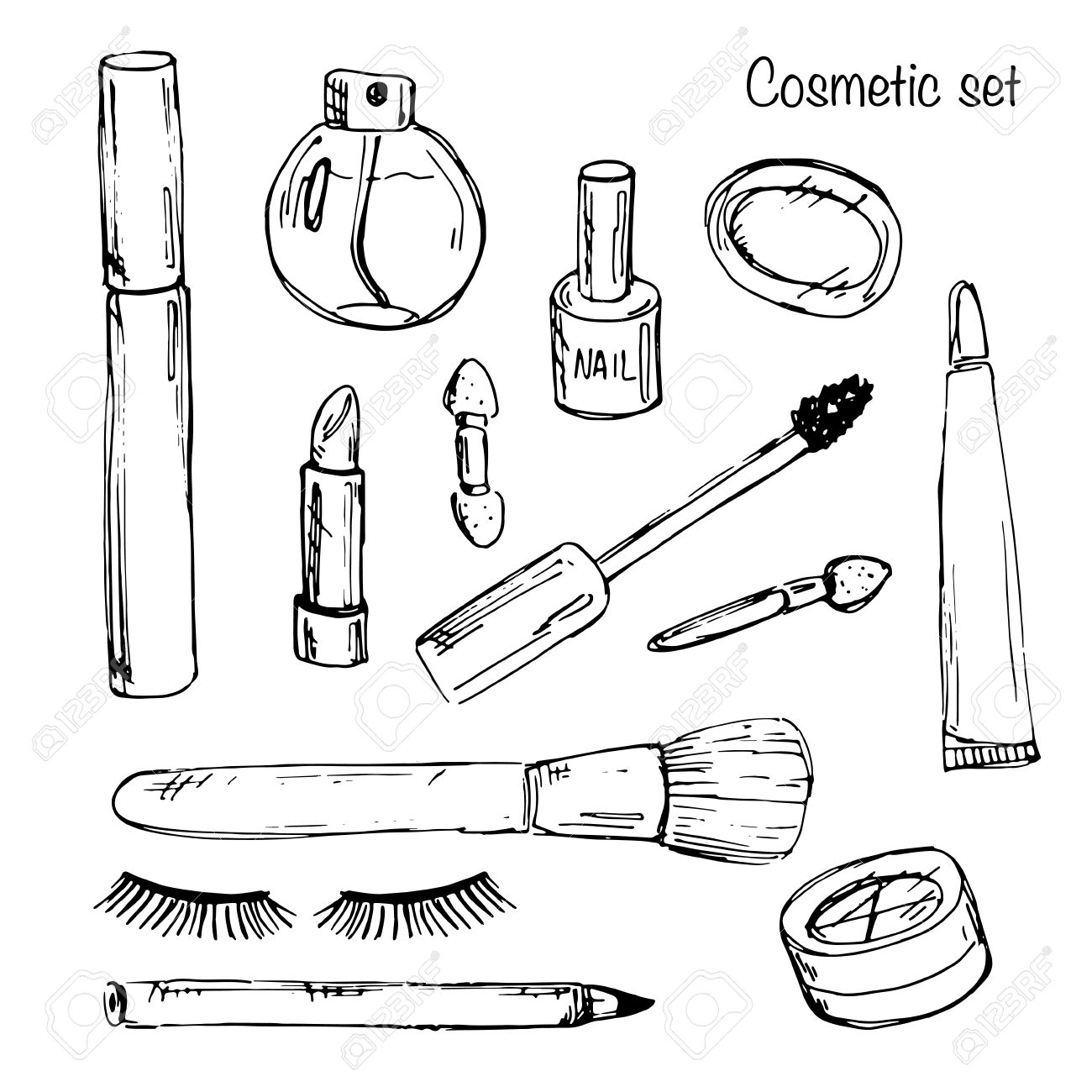 1300x1300 Set Of Various Make Up Products In Sketch Style. Royalty Free