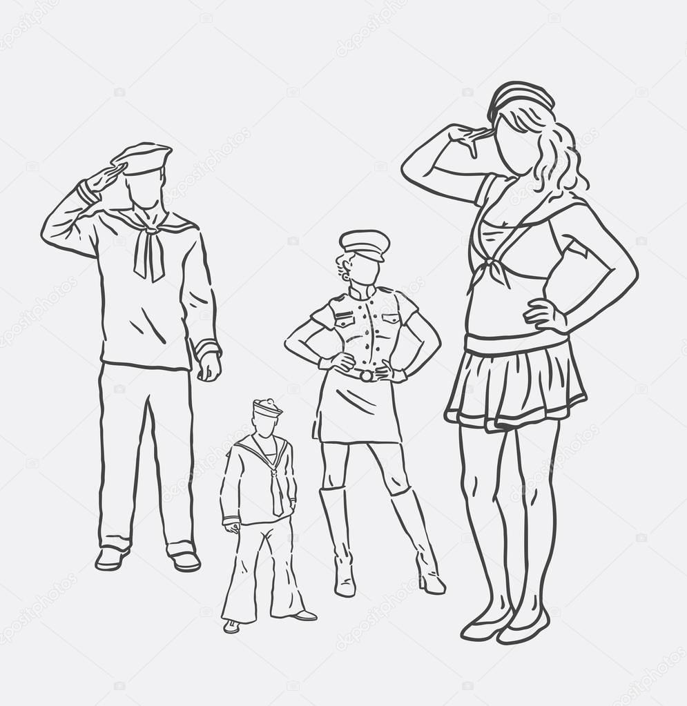 995x1023 Sailor Costume Male And Female Hand Drawing Stock Vector
