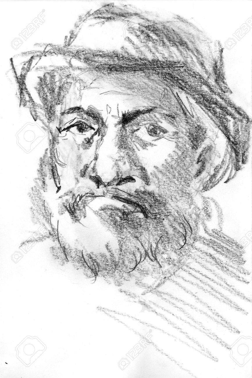 867x1300 Middle Age Man`s Portrait With Hat, Hand Drawn Sketch By Pencil