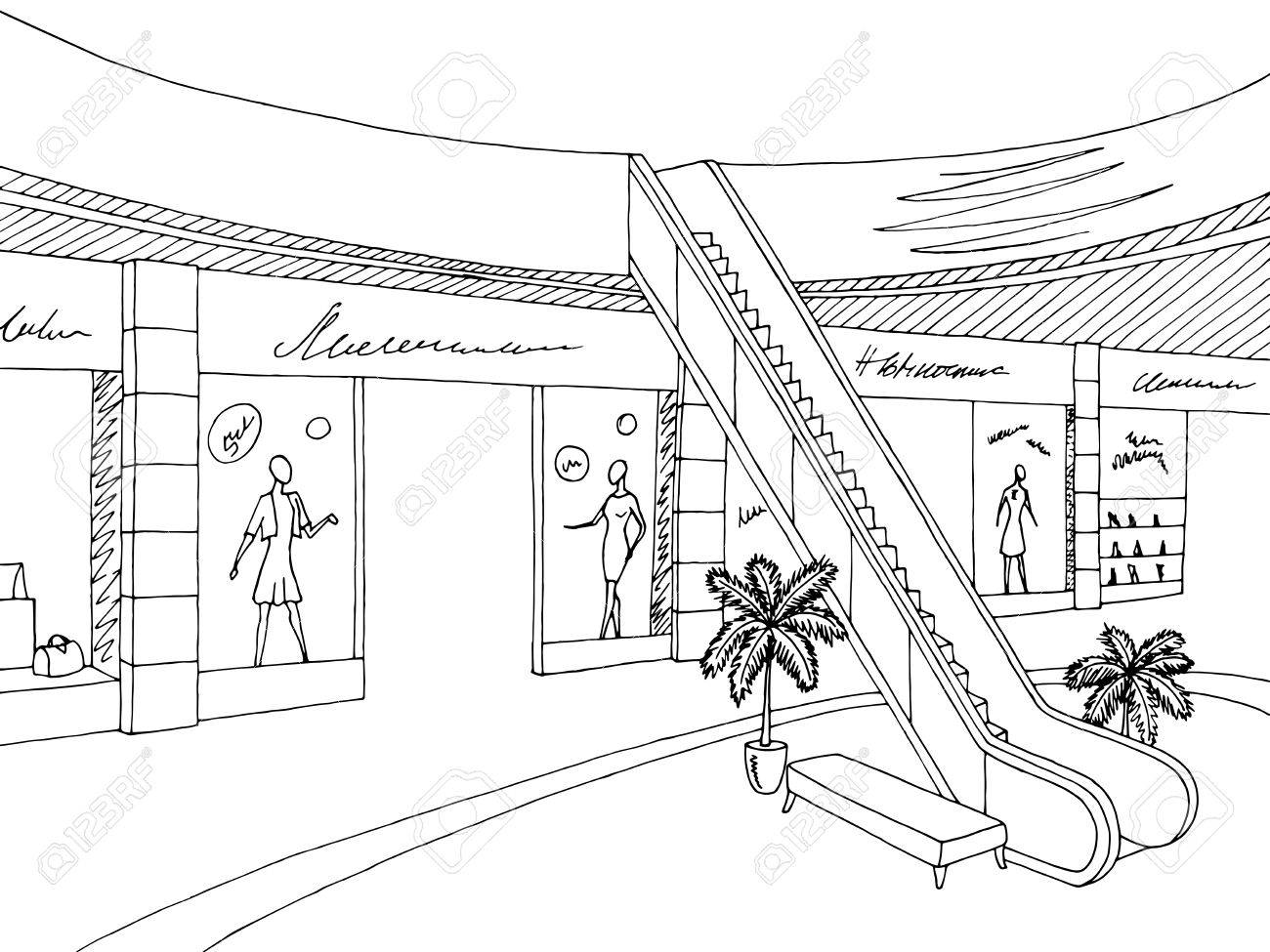1300x975 Shopping Mall Graphic Black White Interior Sketch Illustration