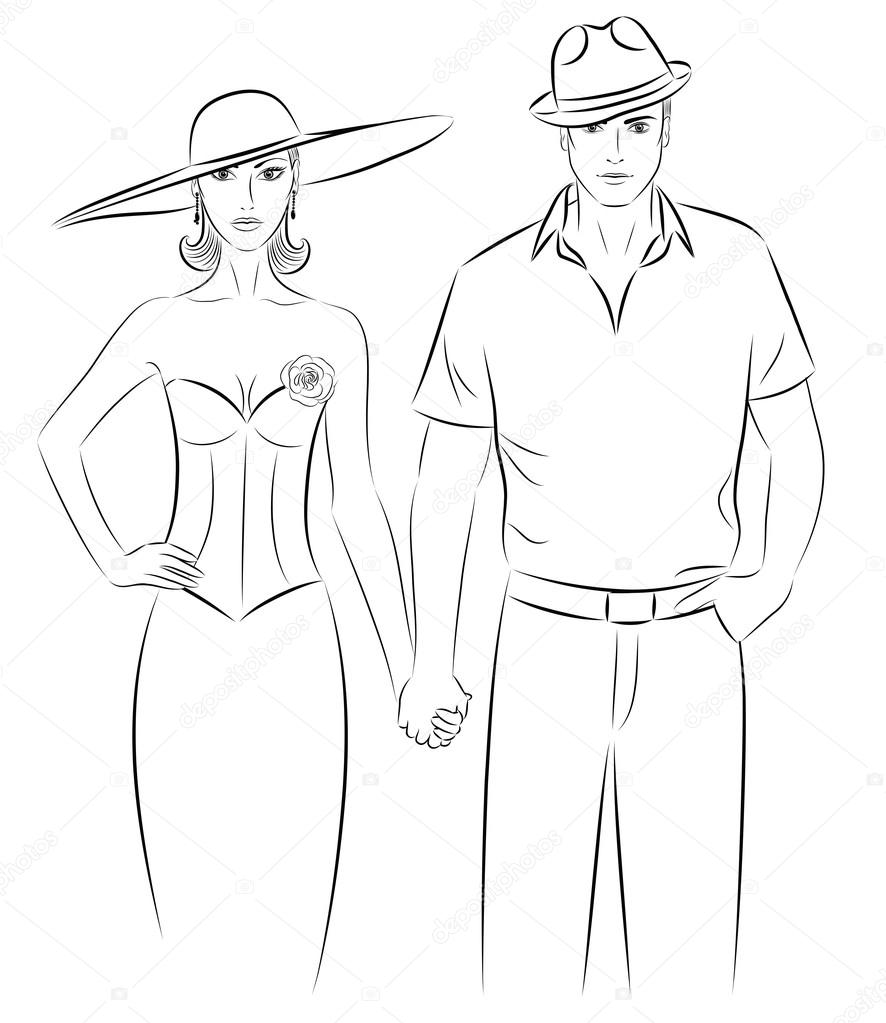 886x1023 Outline Of A Woman And A Man In A A Hat, Holding Hands. Stock
