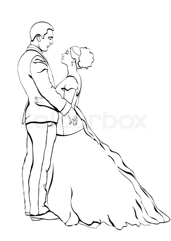 566x800 Bride And Groom Outline Cartoon, Vector Contour Drawing, Coloring