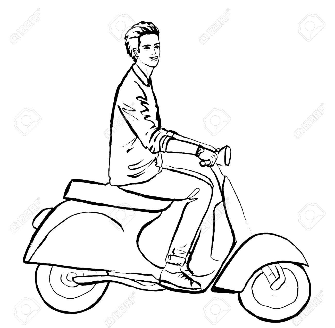 1300x1274 Illustration Of Beautiful Young Man Driving Scooter. Fashion
