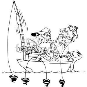 300x300 Royalty Free Black And White Cartoon Man Fishing In A Small Boat
