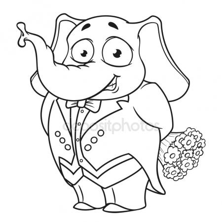 450x450 Elephant. Character. In A Tuxedo, Holding A Bouquet Of Flowers