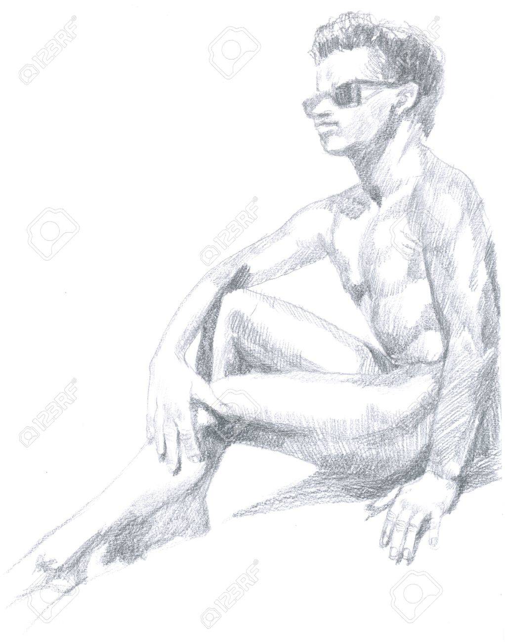 1022x1300 Naked Man, Hand Drawing Original , Pencil Technique Stock Photo