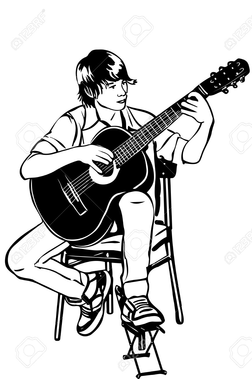 867x1300 Black And White Sketch Of A Young Man Sitting On The Acoustic