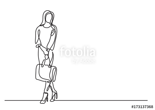 500x354 Continuous Line Drawing Of Standing Woman With Handbag Stock