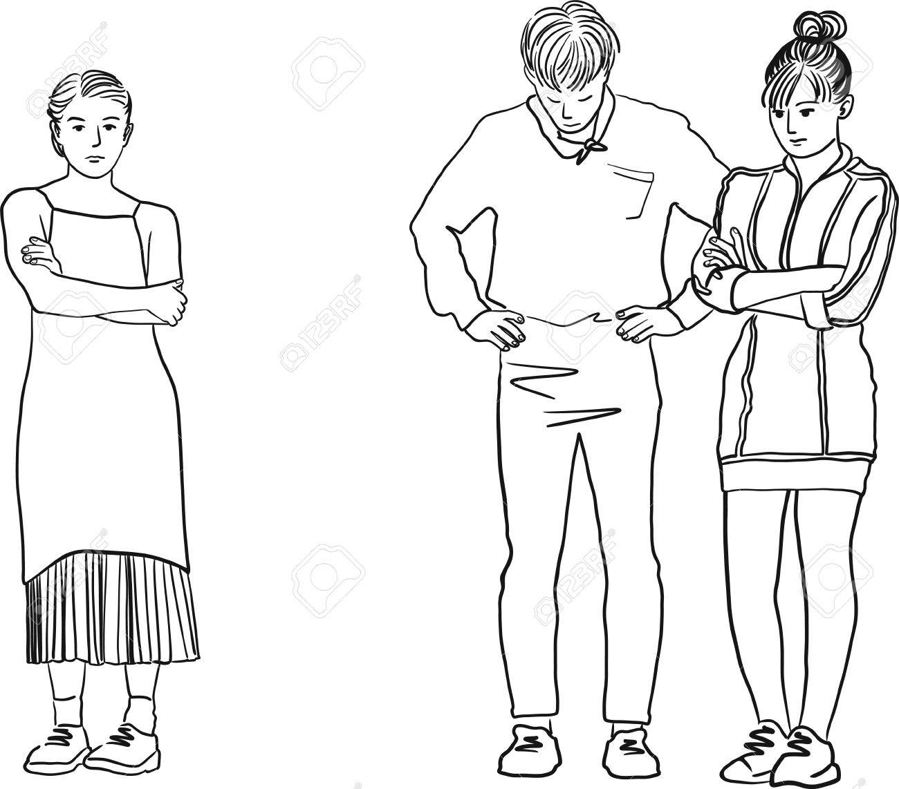 1300x1142 Drawing Of A Man In Between Two Woman. Young Sad Women Standing