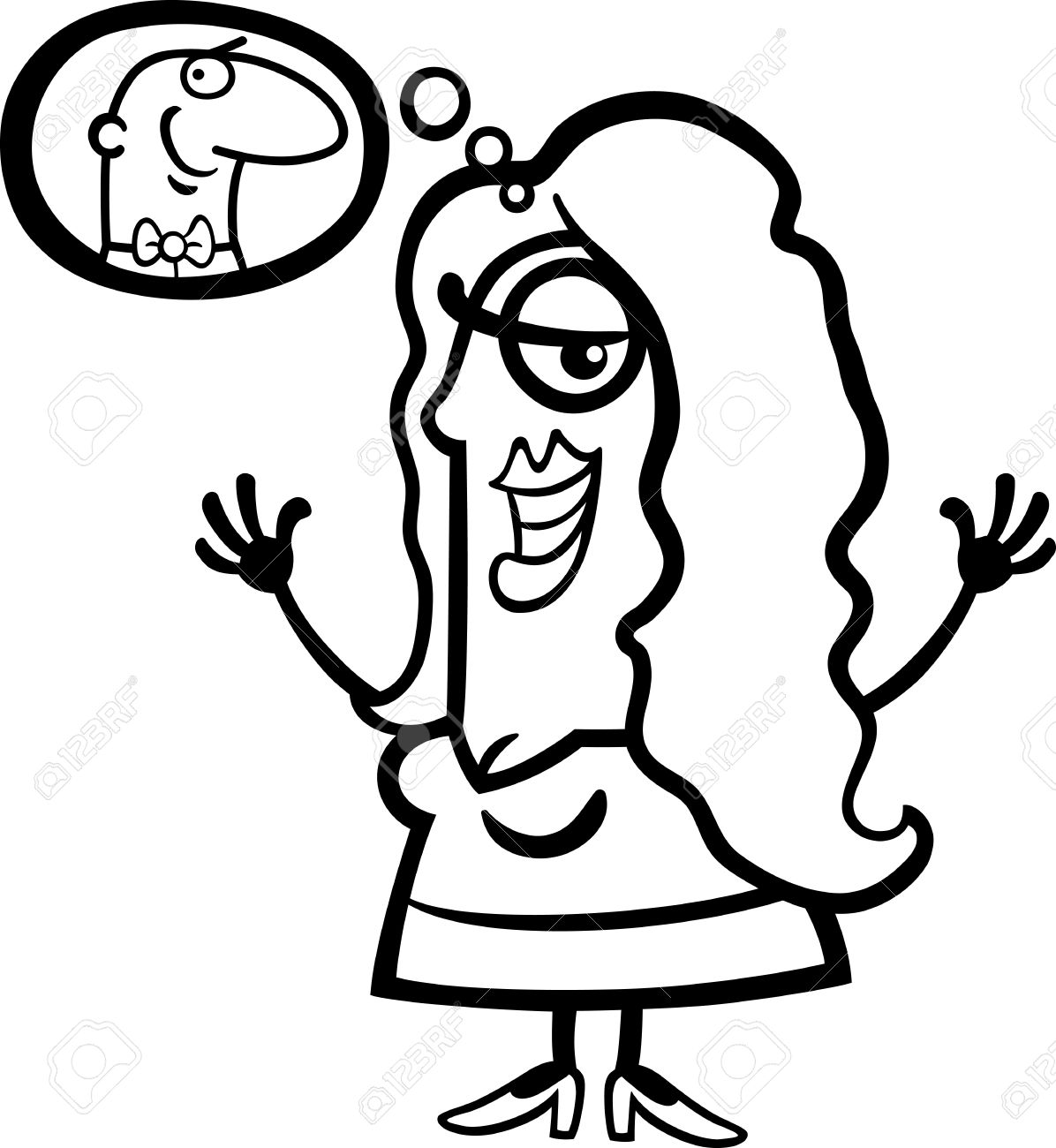 1196x1300 Black And White Cartoon Illustration Of Happy Woman In Love