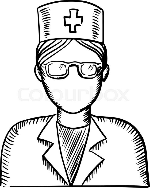 639x800 Black And White Sketch Of A Female Doctor Or Nurse Wearing Glasses