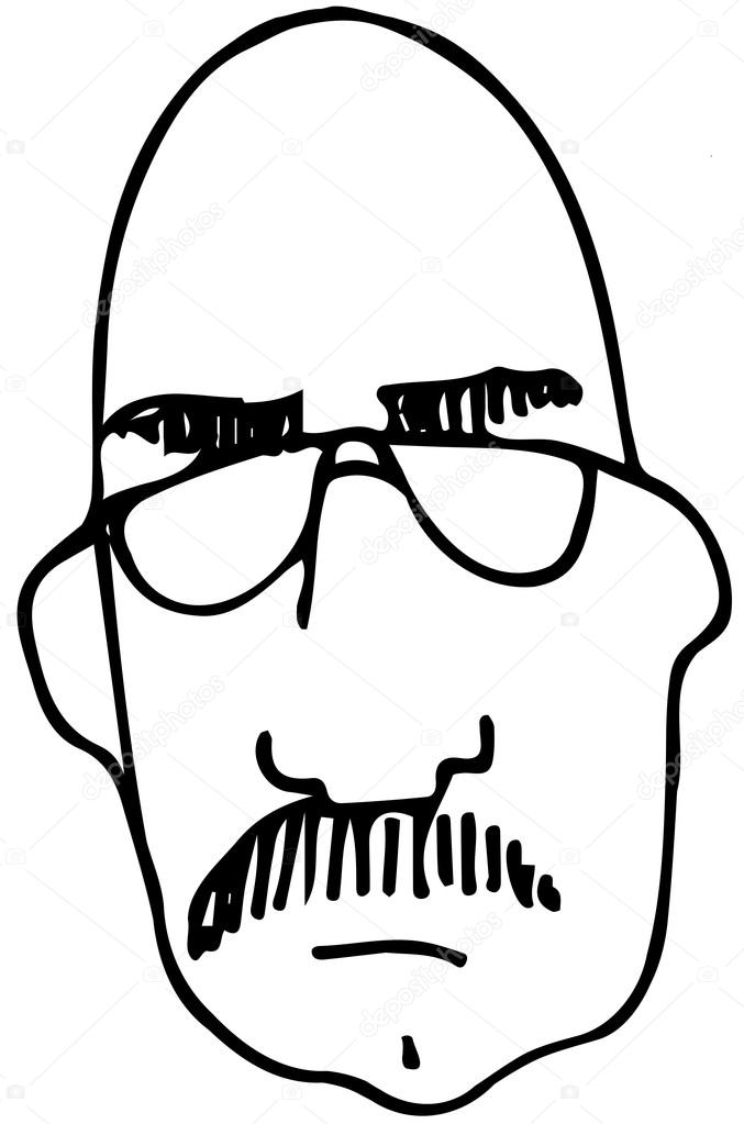 677x1023 Sketch Of A Bald Man With A Mustache Wearing Glasses Stock