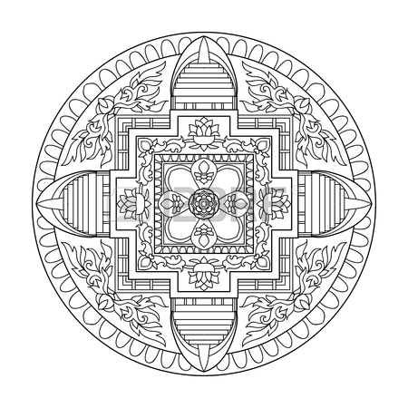 450x450 Tibet Ethnic Mandalas And Elements. Outline Drawing. Vector