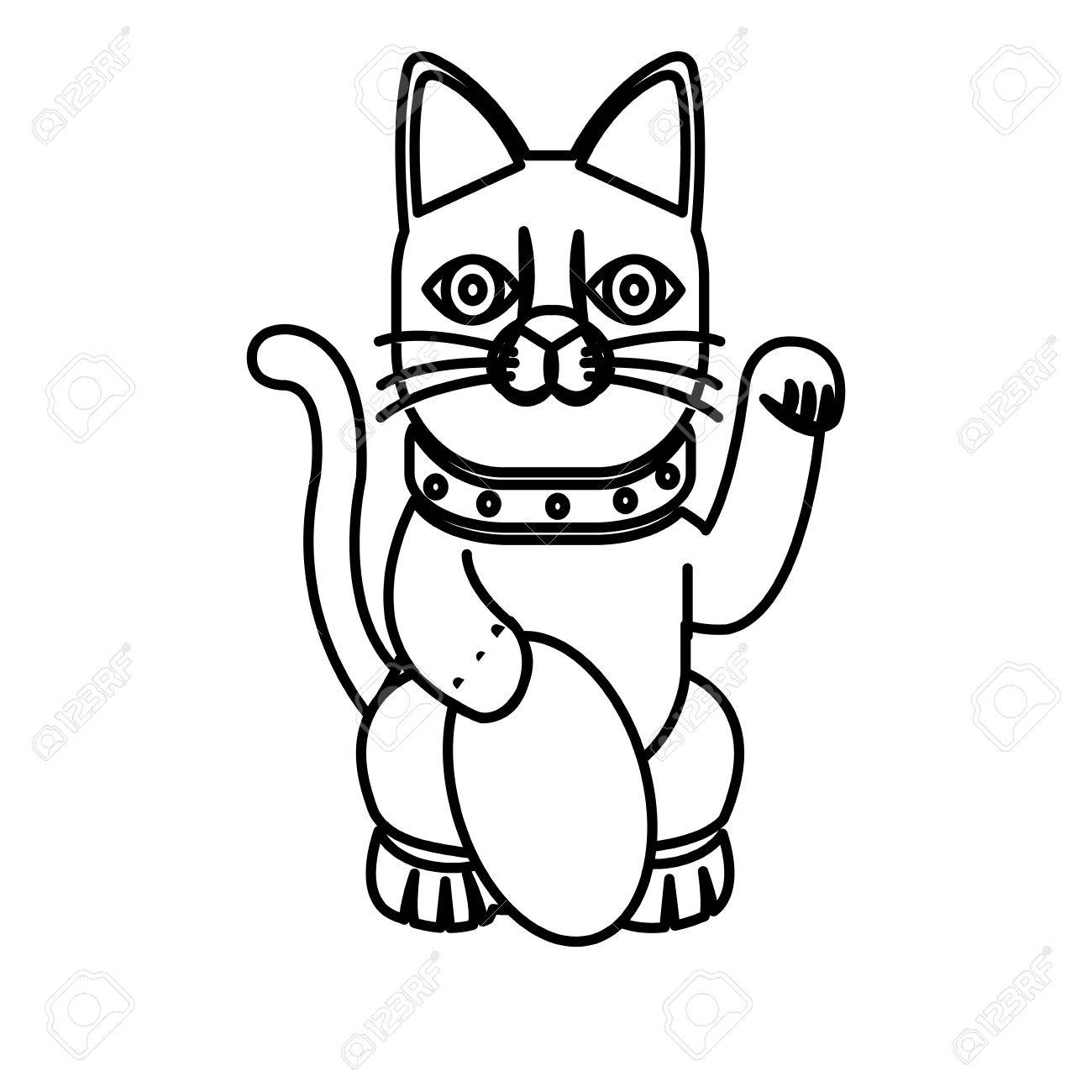 1300x1300 Maneki Neko Cat Sitting Lucky Japanese Culture Line Vector